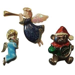 3 Christmas Holiday Brooch Bundle Enamel Celebration Pins